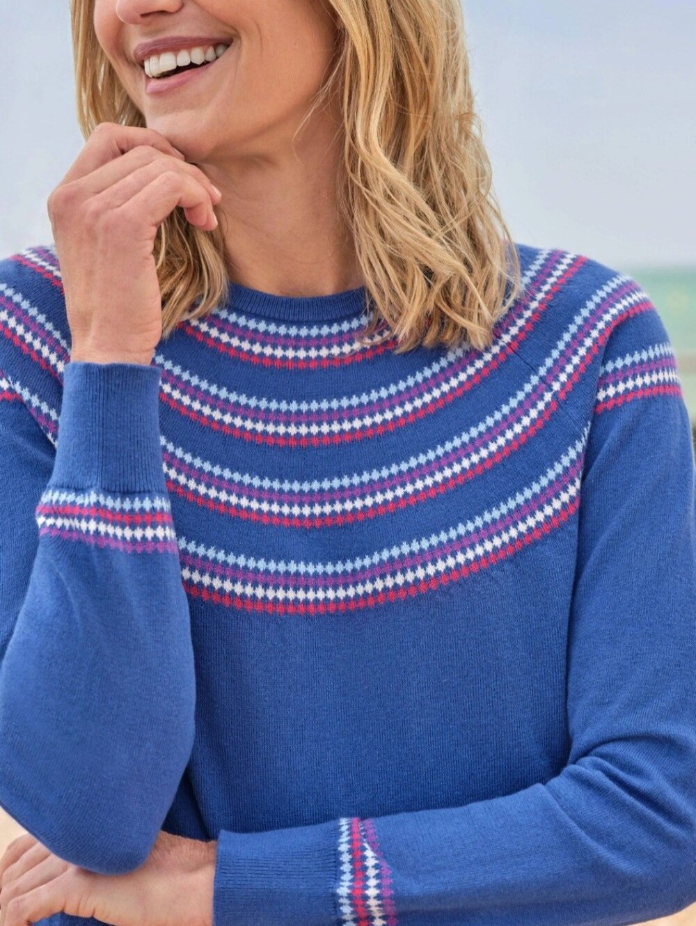 WoolOvers Fairisle Crewneck Sweater Cotton Cashmere Wool Blue Multi Color Sz L